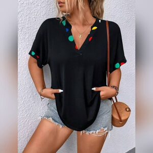 Plus Polka Dot Notch Rec Batwing Sleeve T-Shirt Black